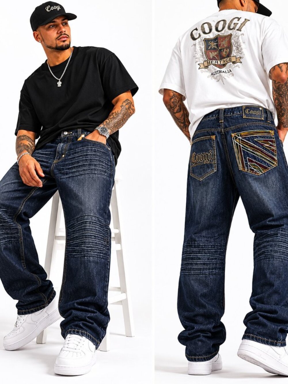 Coogi Heritage Dark Wash Embroidered Pocket Relaxed Denim Jeans Mens 36 x 33 EUC